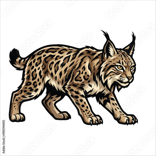 Dynamic vector illustration of a majestic lynx stalking, showcasing its powerful form, spotted fur, and intense gaze, representing the essence of a wild predator in nature