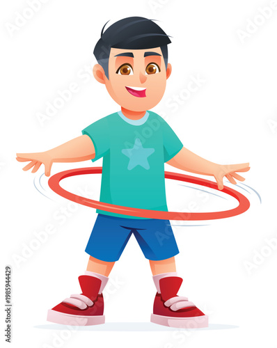 Cheerful little boy spinning a hula hoop around his waist. Vector cartoon character illustration
