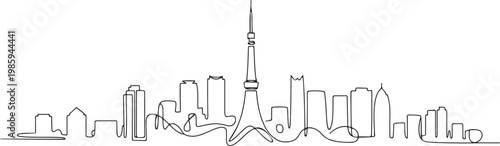 Single continuous line drawing of Tokyo city skyline, Japan. Famous city scraper and landscape. World travel concept. one line Icon drawing