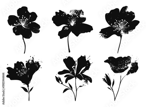 Different black flower designs are arranged in a grid. Each flower shows unique shapes with details like petals and stems. The white background makes the flowers stand out clearly
