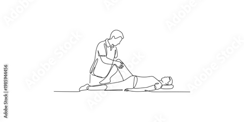 Continuous line drawing of a person assisting another person on the ground in a medical emergency situation