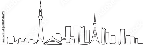 Single continuous line drawing of Tokyo city skyline, Japan. Famous city scraper and landscape. World travel concept. one line Icon drawing