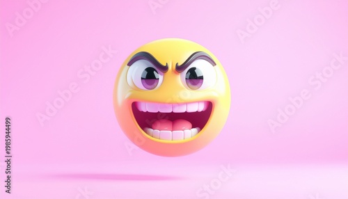 An extremely angry, evil-looking yellow emoji face with a sinister grin, expressive eyes, and sharp teeth, conveying a strong sense of malice against a plain pink background