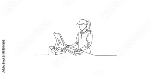 A woman in a cap works on a laptop computer sitting at a table in a simple line drawing style
