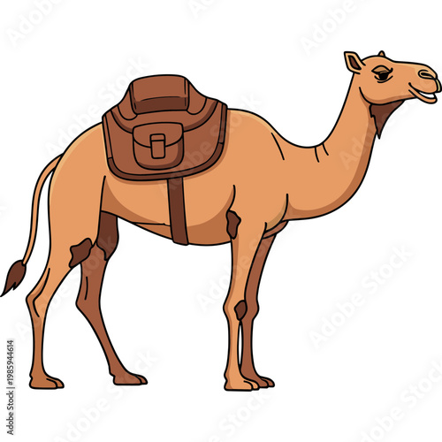 An illustrated camel with a saddle stands in a desert landscape.
