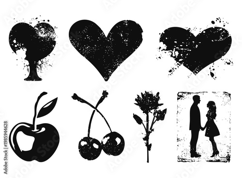 set of several heart shapes, fruits like apple and cherries, a flower, and a couple holding hands form a simple design expressing themes of love and affection, in grunge style