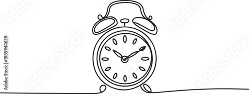Alarm Clock Continuous Line Drawing with Editable Stroke, Stopwatch Continuous Line Icon, Continuous one line drawing of vintage alarm clock vector design. one line Icon drawing