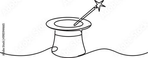 Single continuous line drawing magic hat and wand that a magician needs for a magic show. Two tools that are always there in every magician. one line Icon drawing