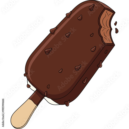 A delicious chocolate ice cream treat with bite taken on stick