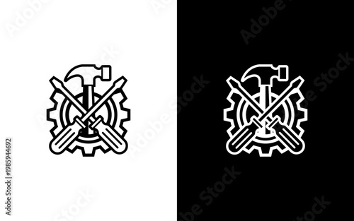 Industrial Workshop Tools Logo Design, Hammer and Crossed Screwdrivers with Gear Icon for Repair Service and Construction