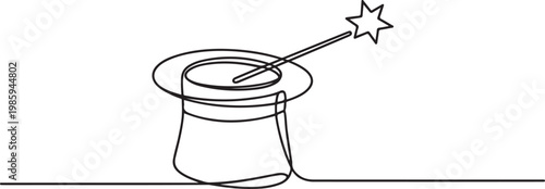 Single continuous line drawing magic hat and wand that a magician needs for a magic show. Two tools that are always there in every magician. one line Icon drawing