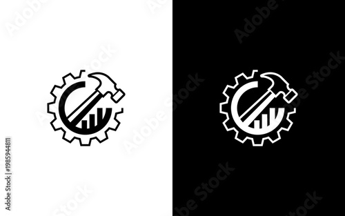 Construction Business Growth Logo, Hammer with Gear and Progress Chart Icon, Industrial Repair Statistics Vector Illustration