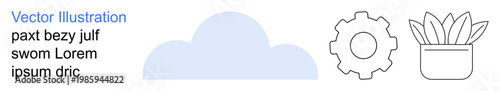 Technology, data storage, environment, productivity, cloud computing, configuration. Illustration of a blue cloud, gear icon and a potted plant. Cloud computing and environment concept