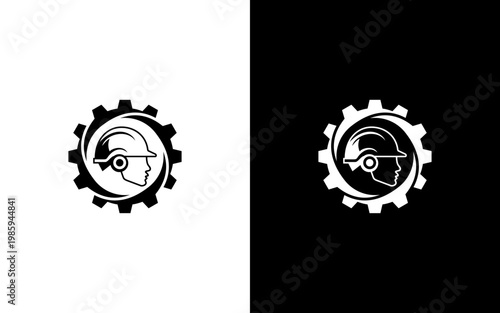 Industrial Construction Worker Safety Helmet Logo, Engineering Cog with Hard Hat Profile Icon for Labor and Contractor Branding