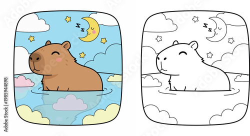 Cute Cartoon Capybara Sleeping Peacefully in Water Under Night Sky with Sleeping Moon and Stars