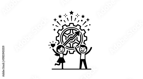 Teamwork Achieving Success Gear with Rising Arrow and Happy People