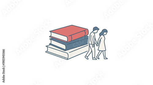 Couple Walking Past Stack of Books