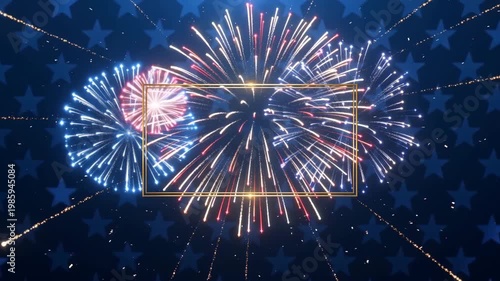 Cinematic 4th of July animation elegant dark blue background star pattern. Soft glowing stars gently pulsing. A thin golden rectangular frame smoothly draws center. Slow motion realistic fireworks