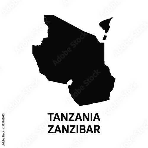 A stark silhouette depicts the mainland of Tanzania and the Zanzibar archipelago in black