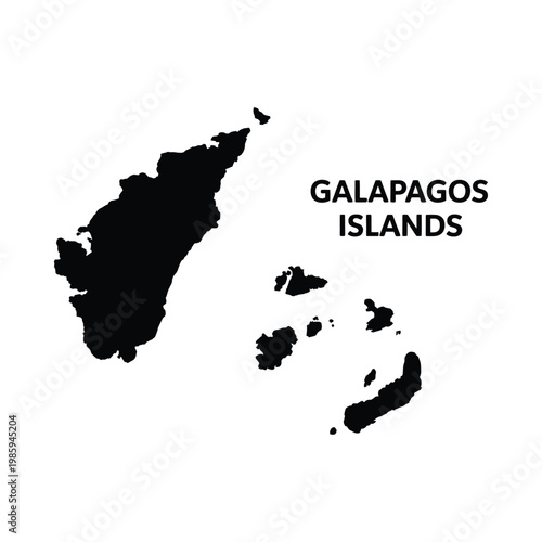 A stark black silhouette depicts the galapagos islands alongside its prominent textual label high quality