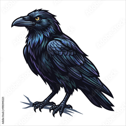 A realistic illustration of a raven, a large black bird with iridescent feathers perched on a branch, showcasing its sharp beak and alert yellow eyes