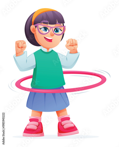 Cheerful girl with glasses and headband enjoying hula hoop exercise. Vector cartoon character illustration