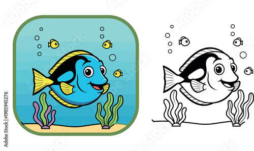 Happy Blue Cartoon Fish Swimming Underwater with Small Fish, Bubbles, and Seaweed