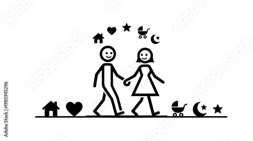 Happy Family Concept Couple Walking Together with Symbols