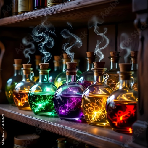 glowing potion bottles on a wooden shelf