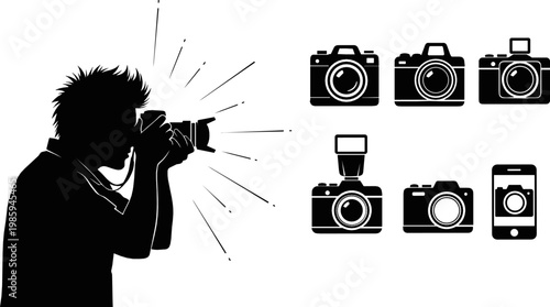 Photography Icon Set Featuring Cameras, Photographer Silhouette, and Camera Types for Media, Photography, and Creative Designs