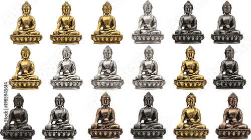 Buddha Statue Icon Set Featuring Various Metallic Finishes for Spiritual, Religious, and Meditation Designs