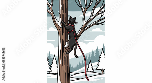 Black cat with red leash climbs a snow-covered tree in a winter forest
