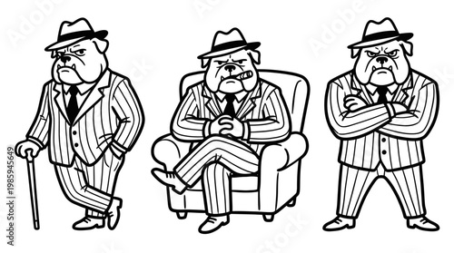 Cartoon bulldog gangsters in suits and hats