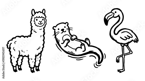 Cute Black and White Line Art of a Llama, Otter, and Flamingo on White Background