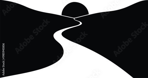Silhouette winding road leading to the sun over black hills vector design