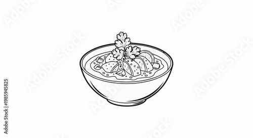 Bowl of hearty stew with meat chunks, vegetables, and fresh garnish