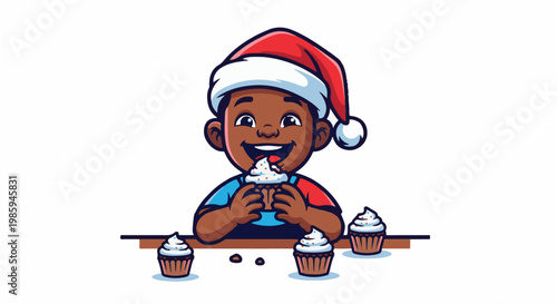 Boy in Santa hat happily eats a cupcake surrounded by more sweet treats