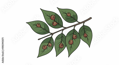 Branch with green leaves and small, round, reddish growths