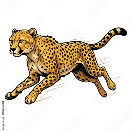 Dynamic and vivid illustration of a powerful cheetah in full sprint, capturing the essence of its incredible speed, agility, and the wild spirit of African wildlife
