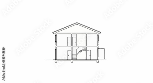 Black and white cross-section drawing of a two-story house with stairs