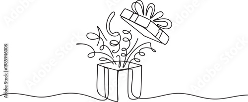 Continuous one line drawing gift box on holiday. Opened decorative box with confetti. Present package with bursting elements. one line Icon drawing