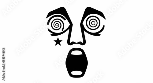 Black and white graphic face with spiraled eyes and open mouth