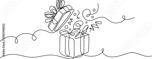 Continuous one line drawing gift box on holiday. Opened decorative box with confetti. Present package with bursting elements. one line Icon drawing