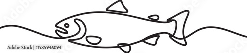 Fresh salmon fish in continuous line art drawing isolated on white background. Fresh food concept, Monoline Fishing Symbol. one line Icon drawing