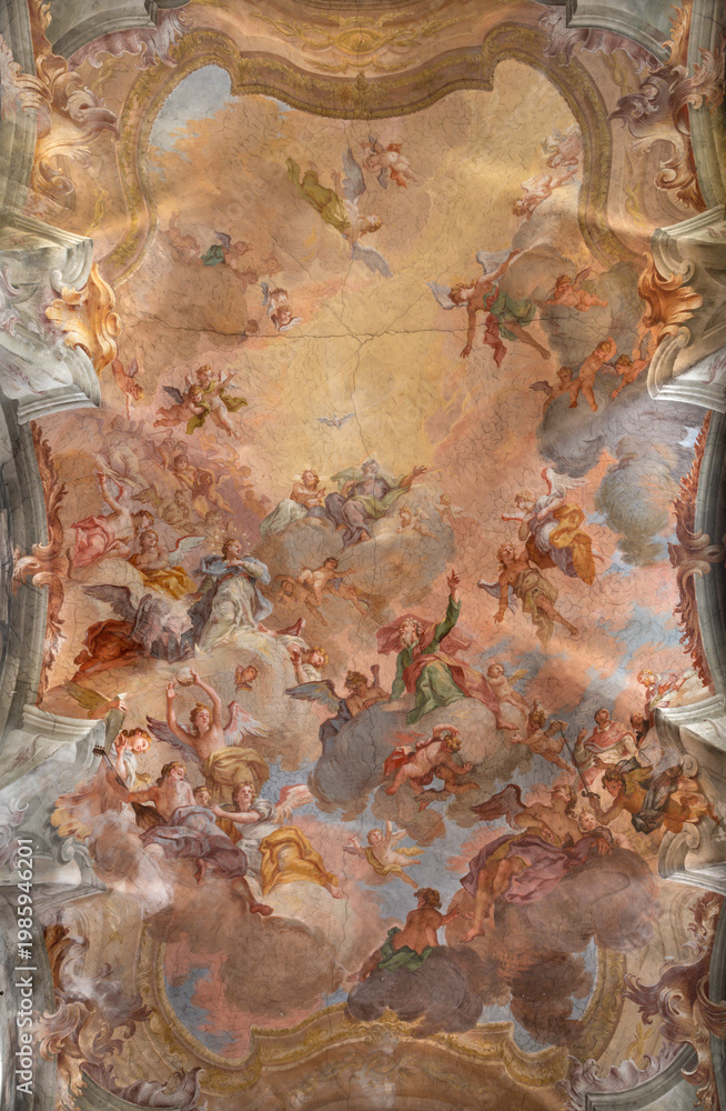 Fototapeta premium VERCELLI, ITALY - JANUARY 16, 2026: The baroque ceiling fresco Glory of St. Cristophorus in the church Chiesa di San Cristoforo by Francesco Maria Bianchi from 18. cent.