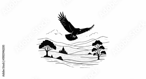 Black silhouette of a bird of prey soaring over rolling hills and trees