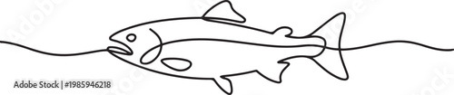 Fresh salmon fish in continuous line art drawing isolated on white background. Fresh food concept, Monoline Fishing Symbol. one line Icon drawing