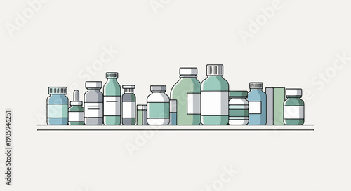 Assortment of medical bottles and containers lined up