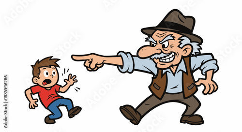 Angry old man scolds a startled young boy, pointing accusatorily