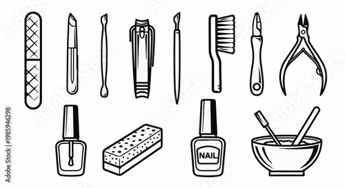Assortment of nail care and manicure tools displayed in a clean, illustrative style